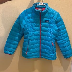 Patagonia tealish blue jacket.